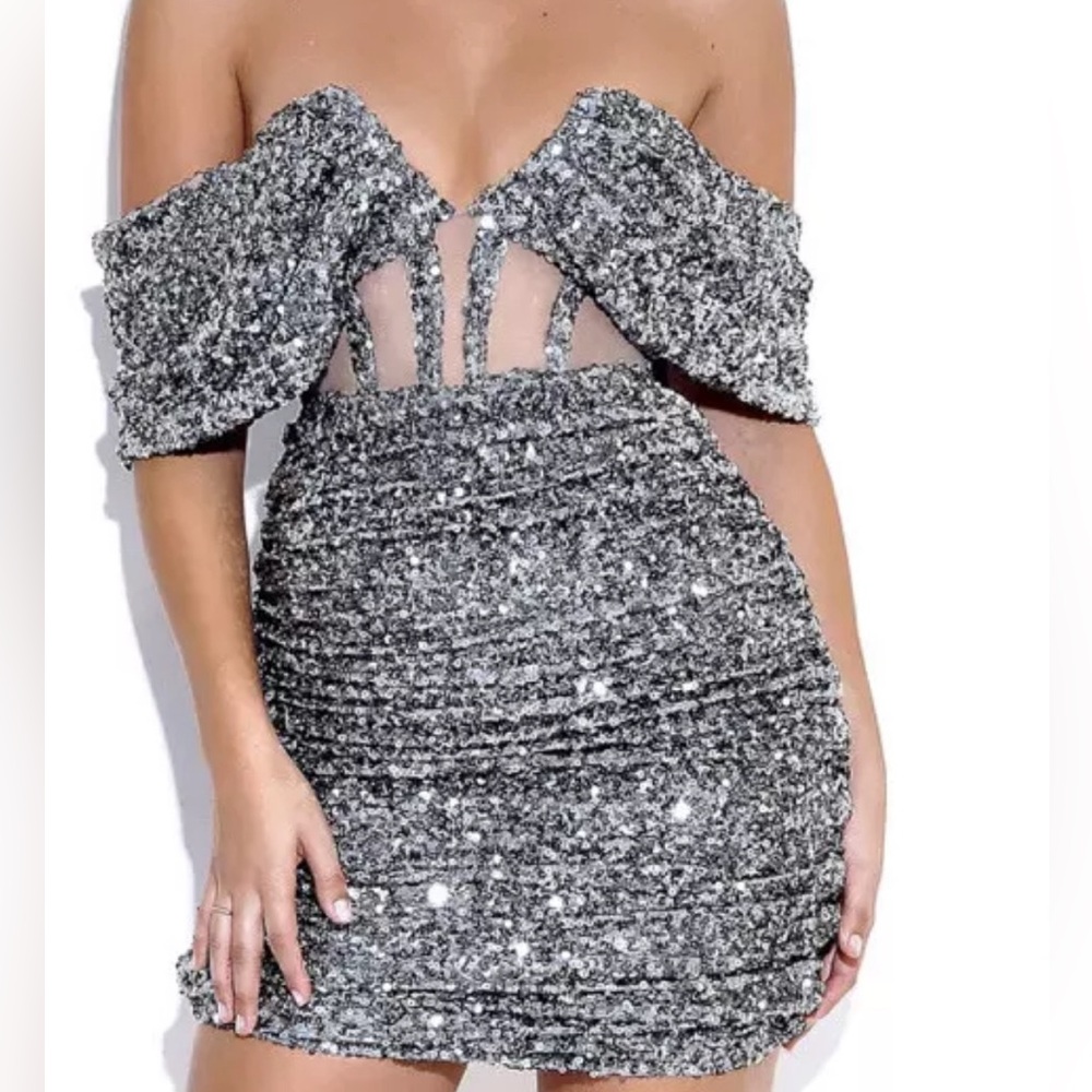 Off-Shoulder Silver Sequin Mini Dress